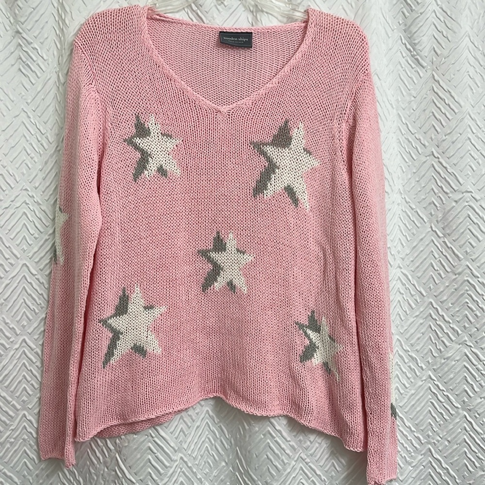 Wooden Ships‎ Pink Gray White Star Sweater Size S/M